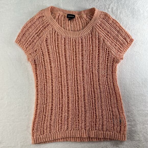 Torrid Sweater Size 00 Medium Large 10 Open Knit Stitch Dolman Peach Scoop Neck - Picture 3 of 13
